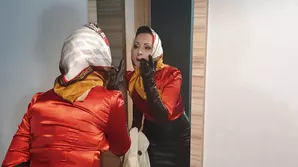 Young slut in sexy shorts shows her appetizing ass